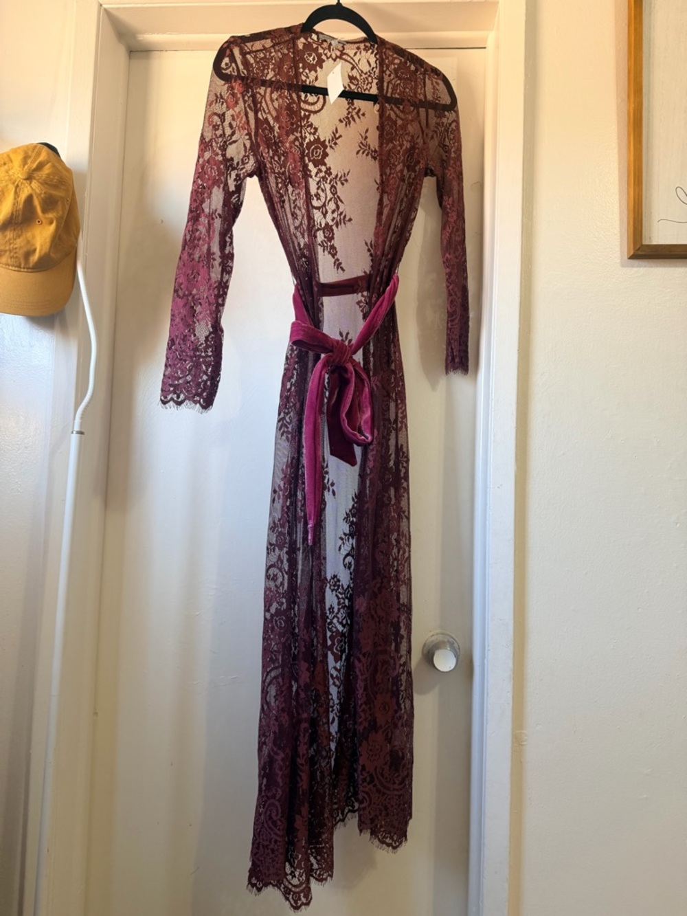 Charlotte Russe Burgundy Lace Sheer Robe with Velvet Tie